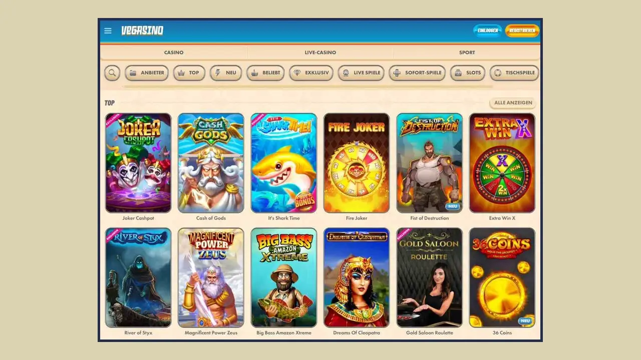 Funkcje gry mobilnej Vegasino